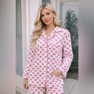 Roberta Roller Rabbit Pink Elephant Print Pajama Top Button Down Sleep Shirt M